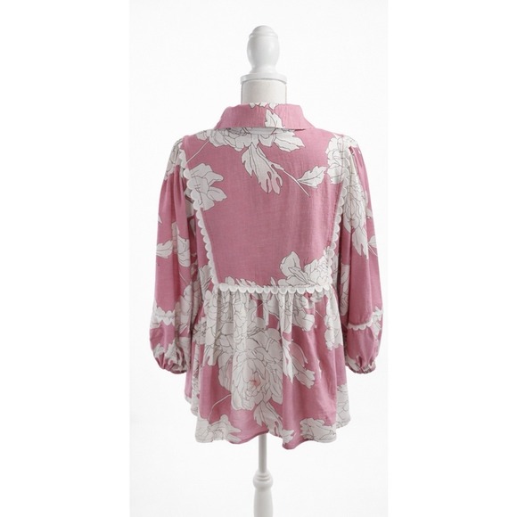 Entro Floral V-Neck Top Scalloped Trim Puff Sleeve Pink & White Large - Picture 5 of 15